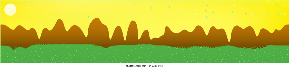Yellow sky, and mountains landscape. Wonderful landscape texture background. Colorful horizontal pattern texture. Crisp glass print fantasy. Horizon, blend. Old game style.