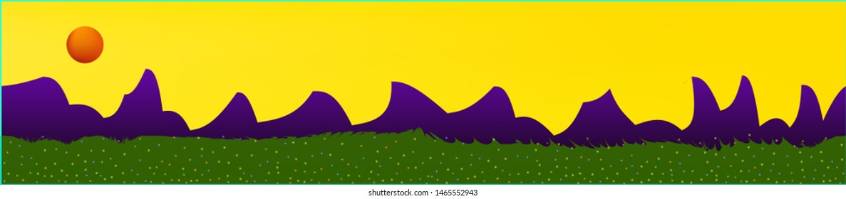 Yellow sky, and mountains landscape. Wonderful landscape texture background. Colorful horizontal pattern texture. Cool glass print fantasy. Horizon, graphic. Old game style.