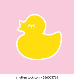 Yellow sleeping duck cartoon graphic on pink background. 