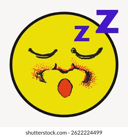 Yellow sleeping emoji with closed eyes, red cheeks, and a tongue out. Blue 'Z's indicate sleep. Cartoon style, expressive sleeping emoji on white background. Vintage illustration vector.