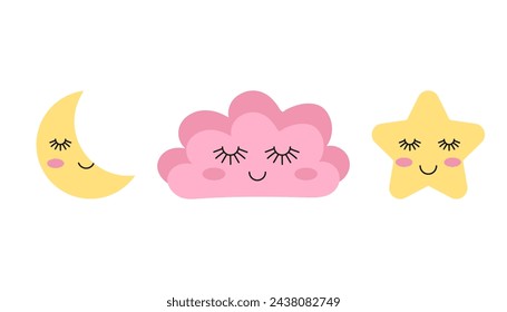 Yellow Sleepy Moon Star and Cloud with face, smile and close eyes. Design Elements for Kids Room Decoration, Printing Fabric, Logo, Greeting Cards. Vector Illustration isolated on white