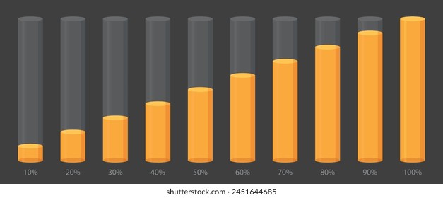 Yellow slim chart bars template, simple clear 10%-100% infograph set. Info graphic flat design interface illustration elements for app ui ux web banner button vector isolated on dark background