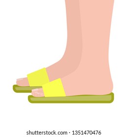 Yellow slipper side view. Feet in shoes. Women's beach or indoor shoes. Open summer shoes. Vector illustration