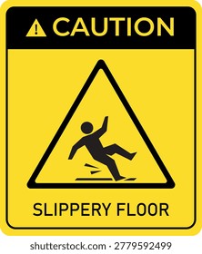 Yellow Slippery Floor Caution Sign with Falling Person Symbol, Flat Graphic Design for Workplace Safety and Hazard Alert.