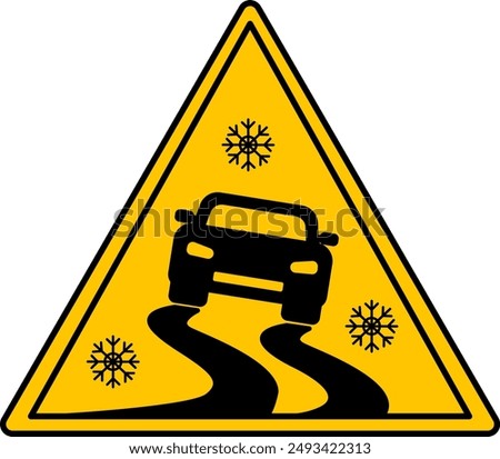 Yellow Slippery Road Sign. Vector Icon. The car is driving on a slippery road. Danger Warning Sign