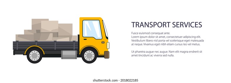 Pequeño camión de carga amarillo con cajas, servicios de entrega y banner logístico, envío y carga de mercancías, ilustración vectorial