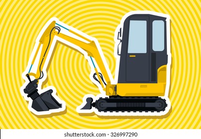 Yellow small digger builds roads, loads building material. Bagger digging of sand coal waste rock and gravel. Golden illustration for banner or icon. Digger Crane Small Bagger Mix Roller Extravator