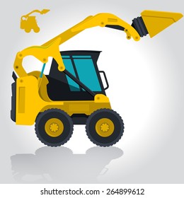 Yellow small digger loads building material ground works digger for sand coal waste rock and gravel flatten isolated illustration vector