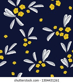 yellow small flowers with leaves pattern on navy background