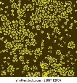 Yellow small flowers on a brown background. Seamless print. Vector illustration