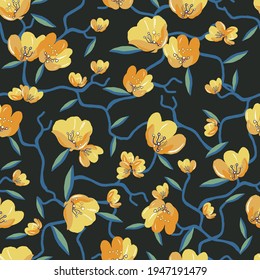 Yellow small flowers seamless pattern. Drawn vintage floral branches, bouquets on grey background. Stock vector illustration