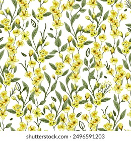 Yellow Small Flowers Twigs Vector Seamless Pattern