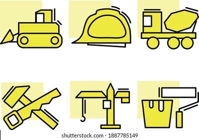 Yellow small icons for construction bulldozer hard hat concrete mixer tools hammer saw crane paint bucket roller