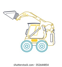 Yellow small outline digger builds roads, loads building material. Bagger digging of sand coal waste rock and gravel Flatten illustration master vector icon Digger Crane Small Bagger Roller Extravator