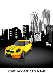 Yellow small sport car with cityscape at the background - polygonal style.