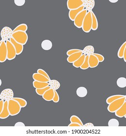 yellow small tiny flowers on gray background. seamless pattern with trendy colors . cute design for textile, kids, notebooks, cards.