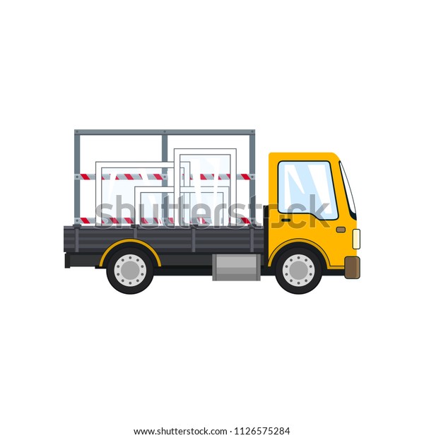 Yellow Small Truck\
Transports Windows Isolated on White Background, Transportation and\
Cargo Delivery Services, Logistics, Shipping and Freight of Goods,\
Vector Illustration