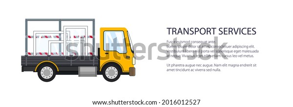 Yellow small truck transports\
windows, transportation and cargo delivery services and logistics\
banner, shipping and freight of goods, vector\
illustration