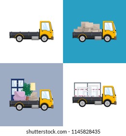 Yellow Small Trucks with Different Loads Isolated, Empty and Covered Trucks, Lorries with Furniture and Windows, Delivery Services, Transport Services and Logistics, Vector Illustration