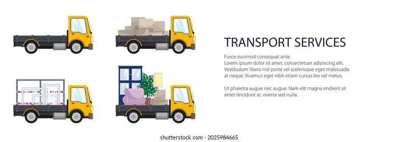 Yellow small trucks with different loads , empty and covered trucks, lorries with furniture and windows, delivery services banner, transport services and logistics, vector illustration