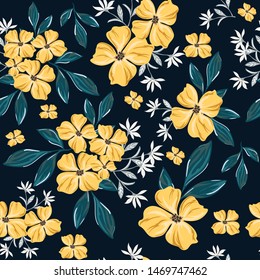 yellow and small white seamless flowers pattern. Delicate petals and vibrant blossoms create an artistic and vintage botanical illustration. Perfect for wallpaper, fabric, wrapping paper and more.