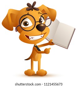 Yellow smart dog teacher with glasses holds an open book. Isolated on white vector cartoon illustration