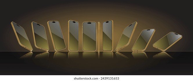 Yellow Smartphone mock-up in different angles collection. 3D perspective view mobile phone and cellphone mockup. Front, perspective side view template. Vector.