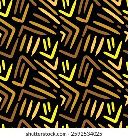 Yellow smile and brown doodle seamless pattern in black.