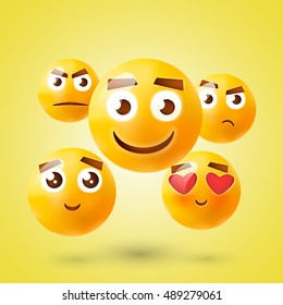 Yellow smile day emoticon set. Collection of Emoji smile day. 3d smile day emoticons. Smiley face icons isolated on white background. Vector illustration smile day