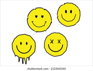 yellow smile design Melting Smile Streetwear Design Black and Yellow Color Commercial Use Urban style City graffiti smiling face. Various types of faces with drip, splash, disheveled,