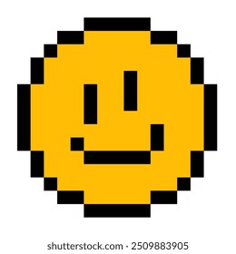 Yellow smile emoji. Pixel art vector illustration. Isolated on a white background. Vintage 8-bit texture. Computer graphic. Valentine's Day. Old style. 80s, and 90s video game object design.