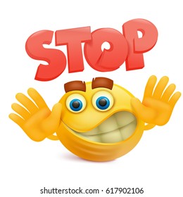 Yellow smile face emoji cartoon character with stop gesture Vector illustration