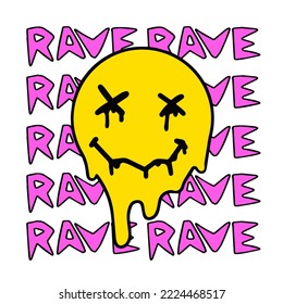 Yellow smile face on background of rave text. Poster for 90s techno party. Cartoon illustration