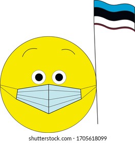 Yellow smile face wearing mask with Estonian flag. Stay safe.