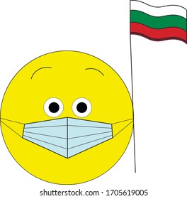 Yellow smile face wearing mask with Bulgarian flag. Stay safe.