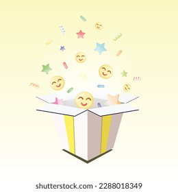 Yellow smile faces, colored stars, confetti flying from white gift box with yellow ribbon. Surprised box. . 3D vector illustration isolated on yellow background