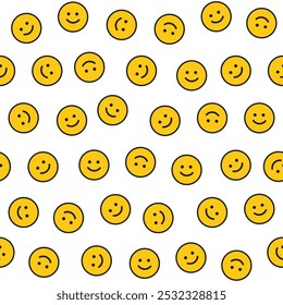 Yellow smile faces seamless pattern. Retro inspired groovy pattern. 