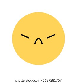 Yellow smile icon with displeased facial expression. Character with angry mood isolated on a white background. Vector flat illustration. Perfect for social media, stickers.