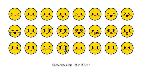 Yellow Smile icons. Yellow cartoon face illustration. Cute yellow emotional faces. Set of colorful flat icons with different emotions and character. Sad and happy, funny and angry. Round mood faces.
