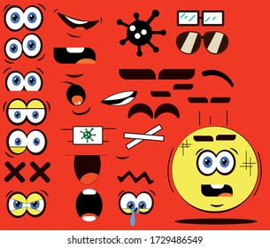 Yellow smile with a large set of different emotions with eyes glasses mouth on a red background