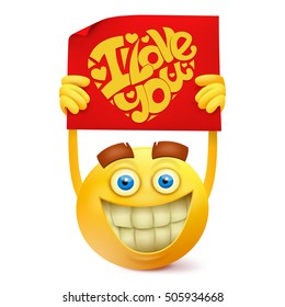 Yellow smile round face character with love message banner Vector illustration