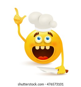 Yellow smile round face in chef hat with knife. Vector illustration