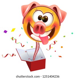 Yellow smile surprise pig jump out of box. Isolated on white vector cartoon illustration