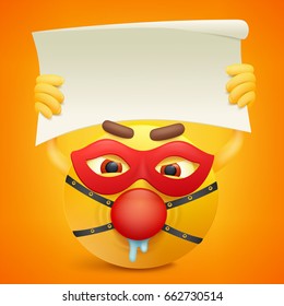 Yellow smiley cartoon character with paper banner in hands. Vector illustration