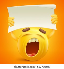 Yellow smiley cartoon character with paper banner in hands. Vector illustration
