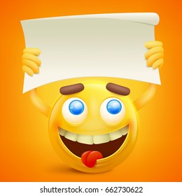 Yellow smiley cartoon character with paper banner in hands. Vector illustration