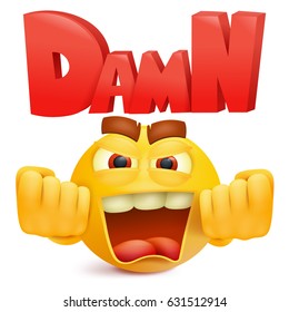 Yellow smiley cartoon emoji character with damn title. Vector illustration