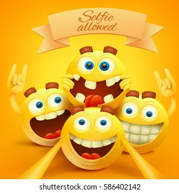 Yellow smiley emoji faces characters making selfie. Vector illustration