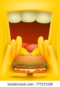 Yellow smiley face character eating burger concept card. Vector illustration