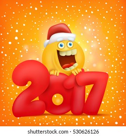 Yellow smiley face character. New year card. Vector illustration